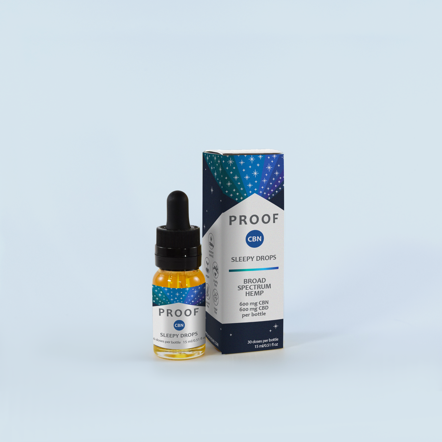 Proof Remedy CBN Sleepy Drops bottle and packaging with 600 mg CBN and 600 mg CBD broad spectrum hemp formula.
