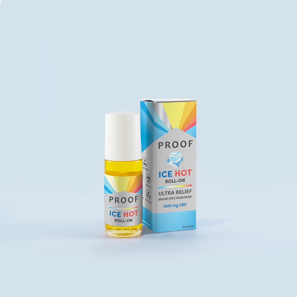 Proof Remedy Ice Hot Roll-On bottle and packaging with 1000 mg CBD broad spectrum hemp formula for ultra relief of muscles and joints.