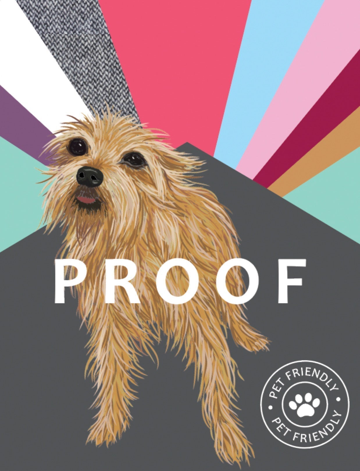 Illustration of a dog with Proof logo and pet friendly badge, representing Proof Pets hemp wellness products.