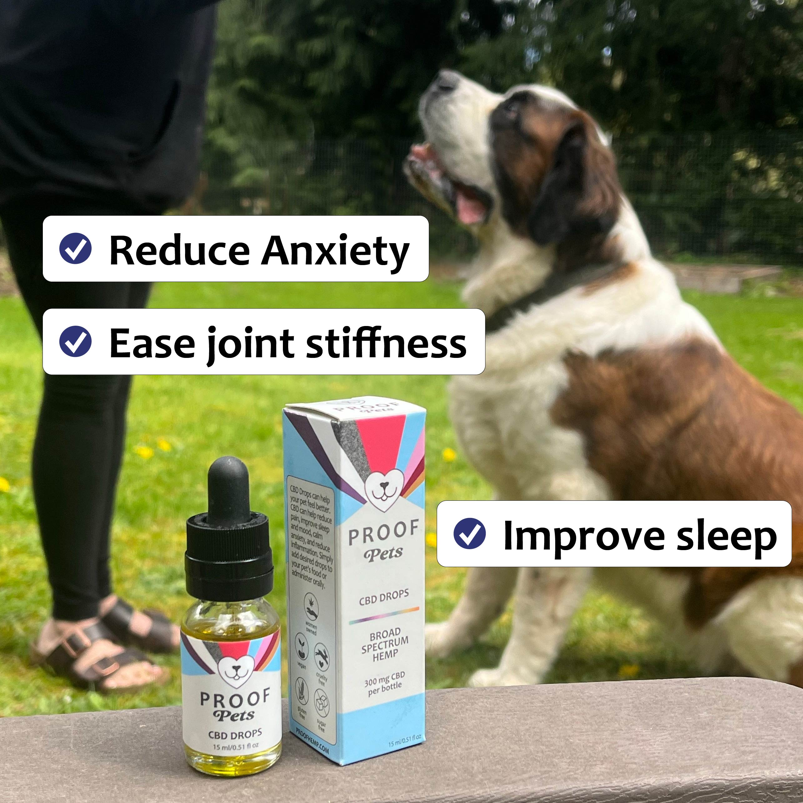 Dog with Proof Pets CBD drops to reduce anxiety, ease joint pain, improve sleep.