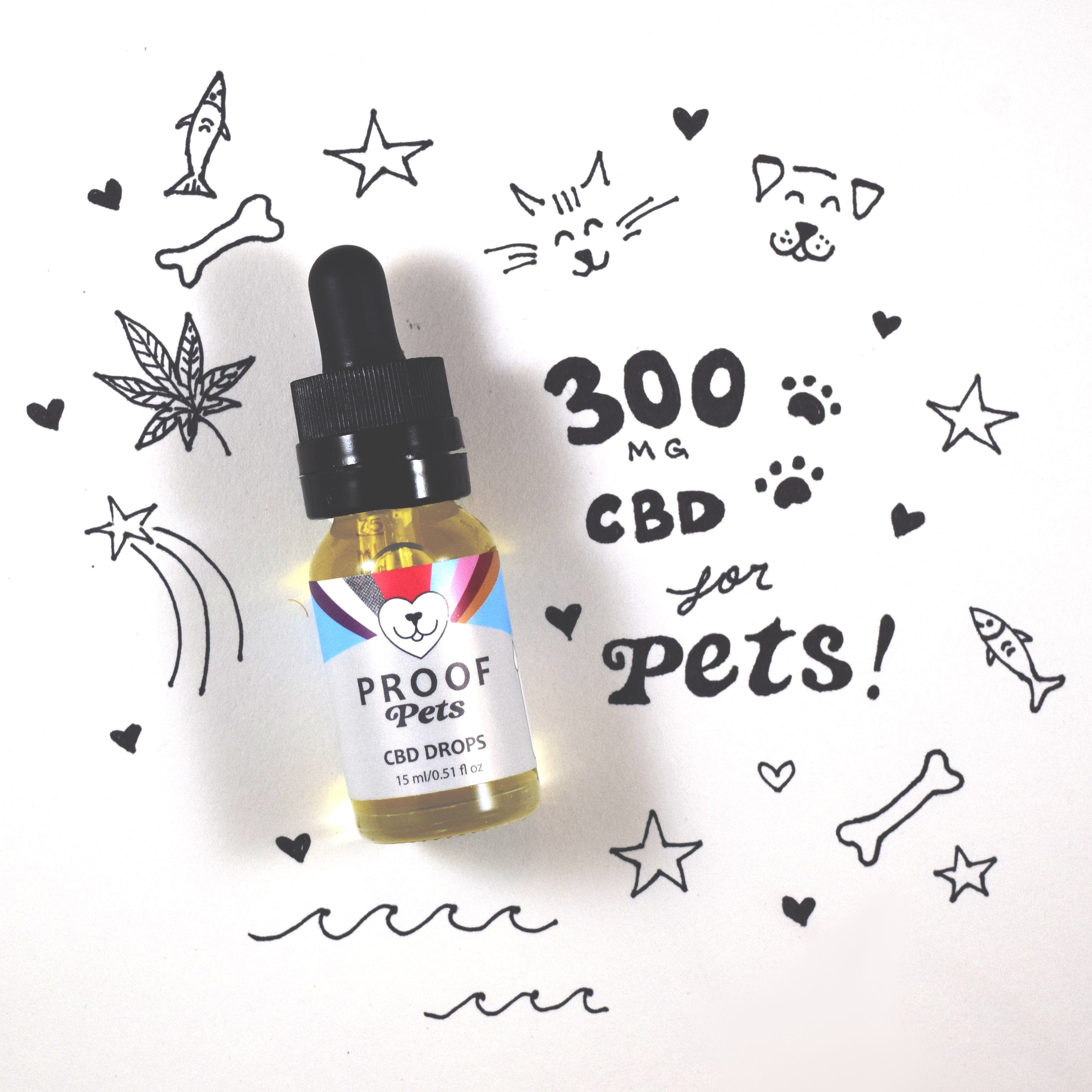 Proof Pets CBD Drops bottle with 300 mg broad spectrum hemp surrounded by playful doodles of cats, dogs, stars, and bones highlighting pet wellness.