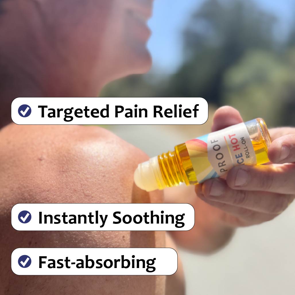 Proof Remedy Ice Hot Roll-On bottle and packaging with 1000 mg CBD broad spectrum hemp formula for ultra relief of muscles and joints.