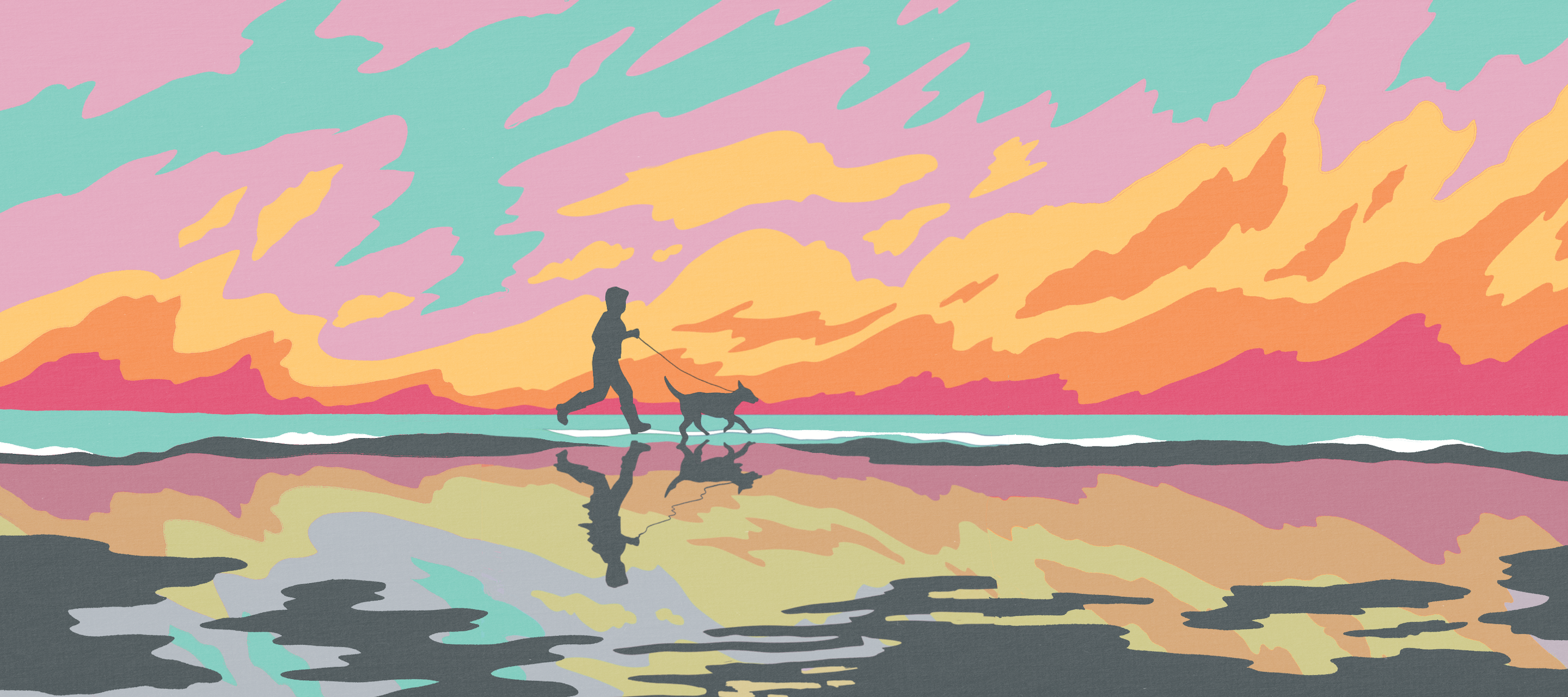 Illustration of person running with dog on beach at sunset.