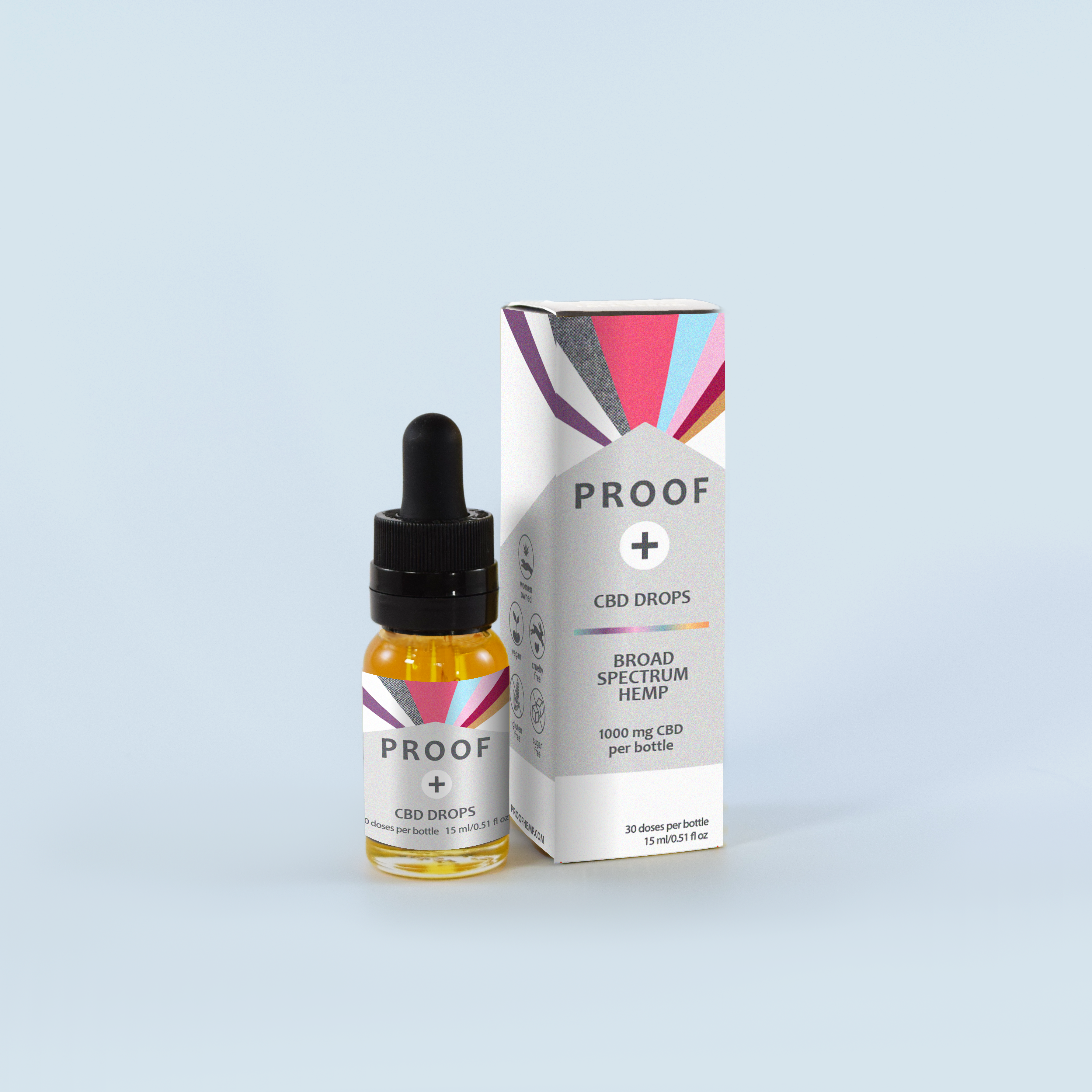 Proof Remedy CBD Drops bottle and packaging with 1000 mg broad spectrum hemp formula for calm and balance.