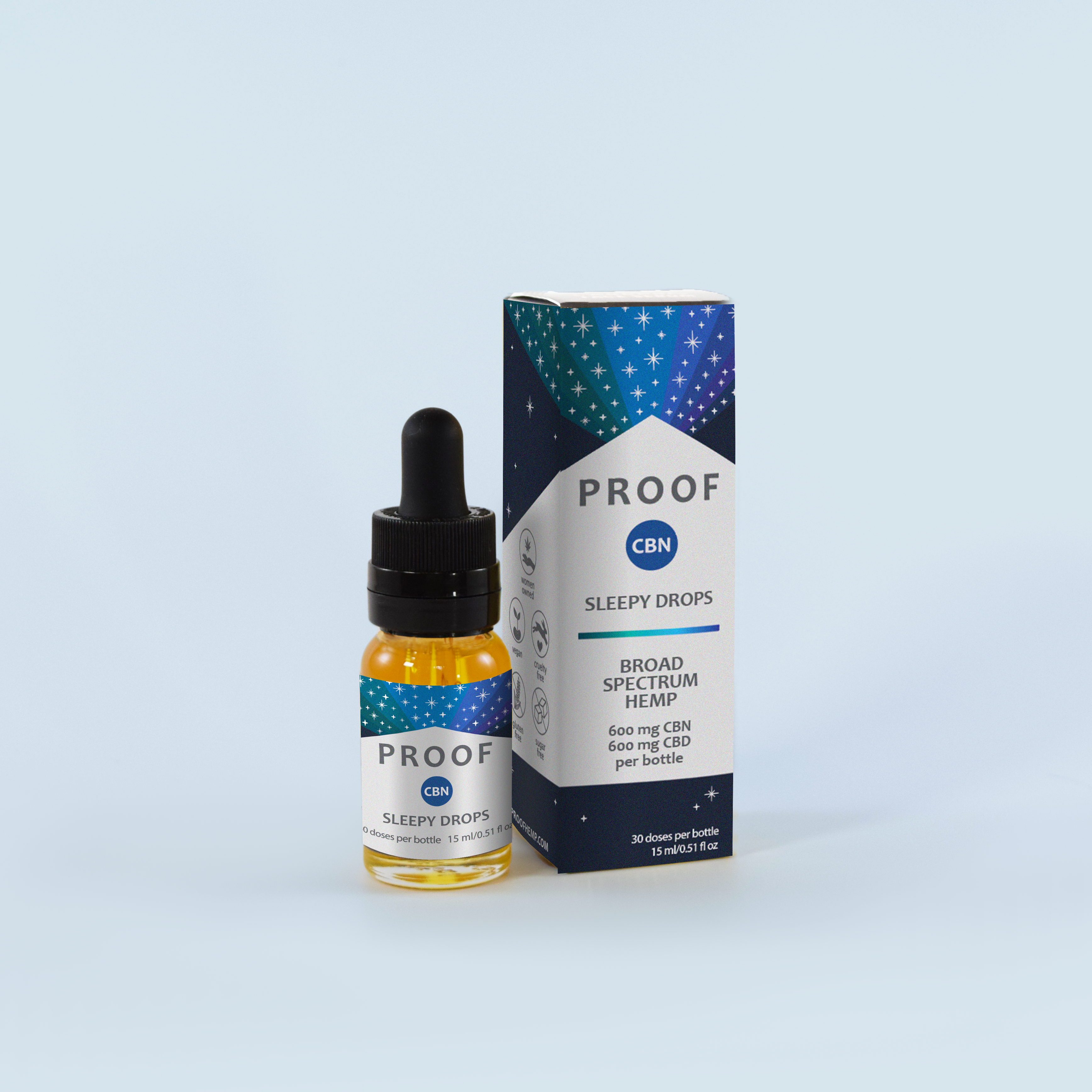 CBN Sleepy Drops bottle and packaging with 600 mg CBN and 600 mg CBD broad spectrum hemp.