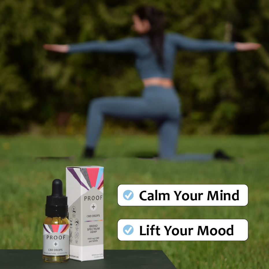 Proof Remedy CBD Drops bottle and packaging with 1000 mg broad spectrum hemp formula for calm and balance.