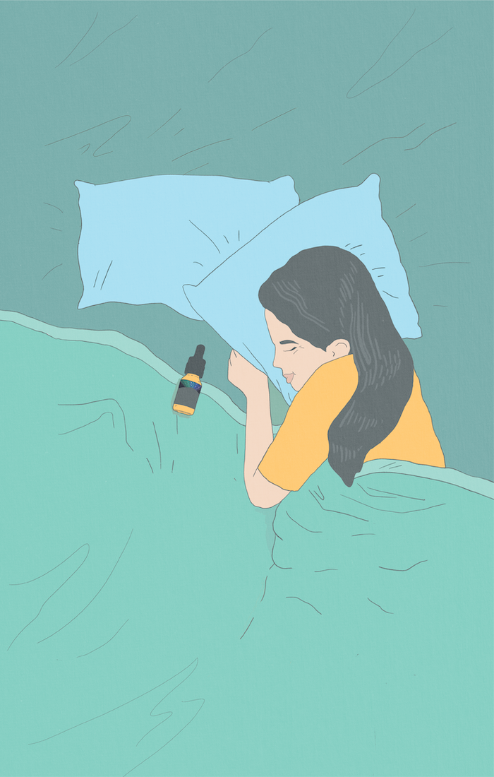 Illustration of woman sleeping with a bottle of Proof Sleepy drops. 