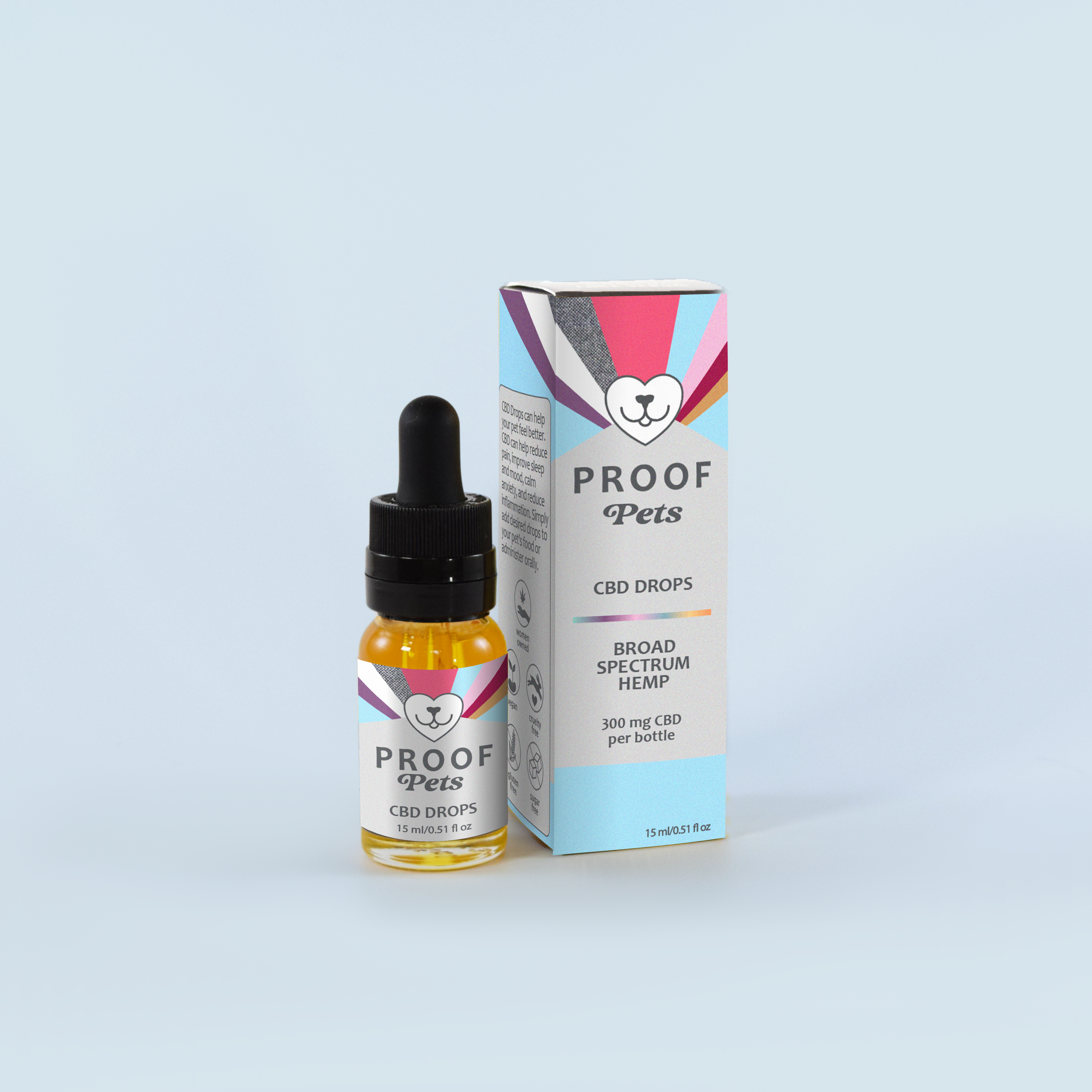 Proof Pets CBD Drops bottle and packaging with 300 mg broad spectrum hemp formula for pet wellness, calm, and mobility.