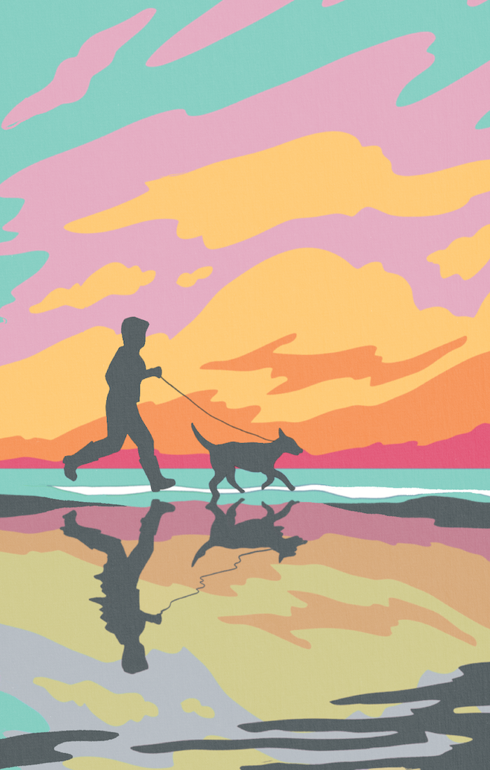 Illustration of person running with dog on beach at sunset.