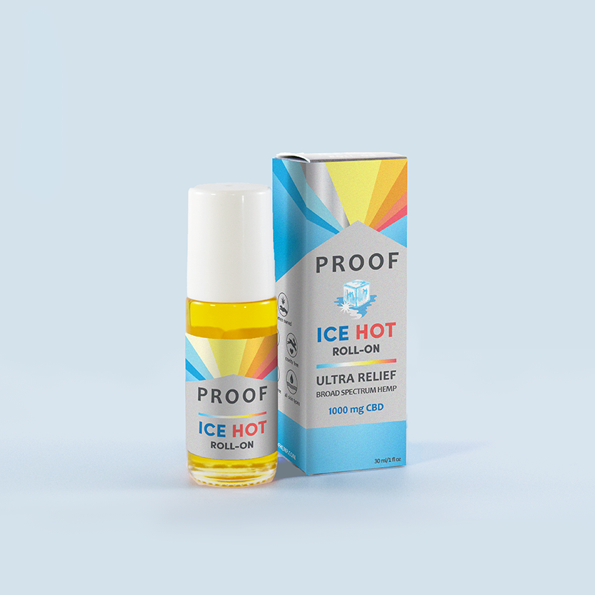 Proof Remedy Ice Hot Roll-On bottle and packaging with 1000 mg CBD broad spectrum hemp formula for ultra relief of muscles and joints.