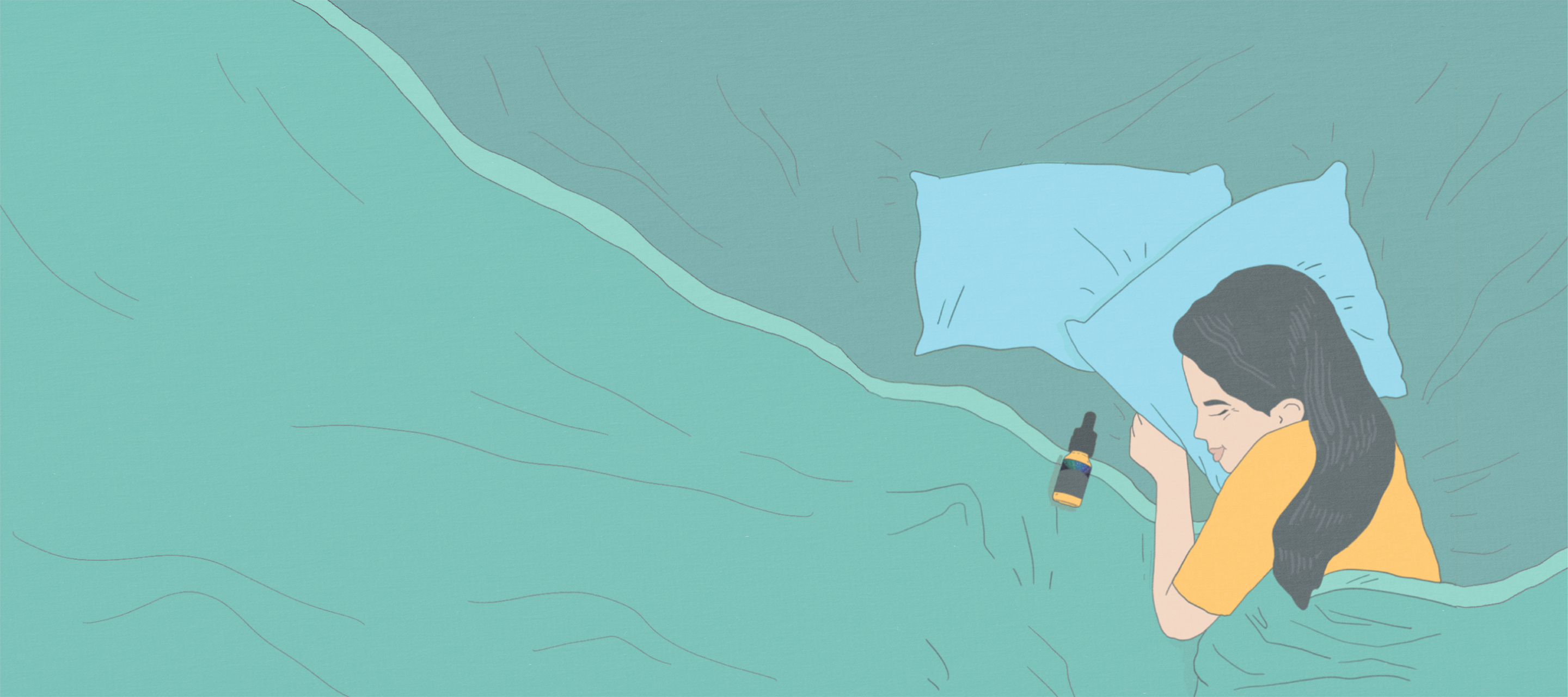 Illustration of woman sleeping with a bottle of Proof Sleepy drops. 