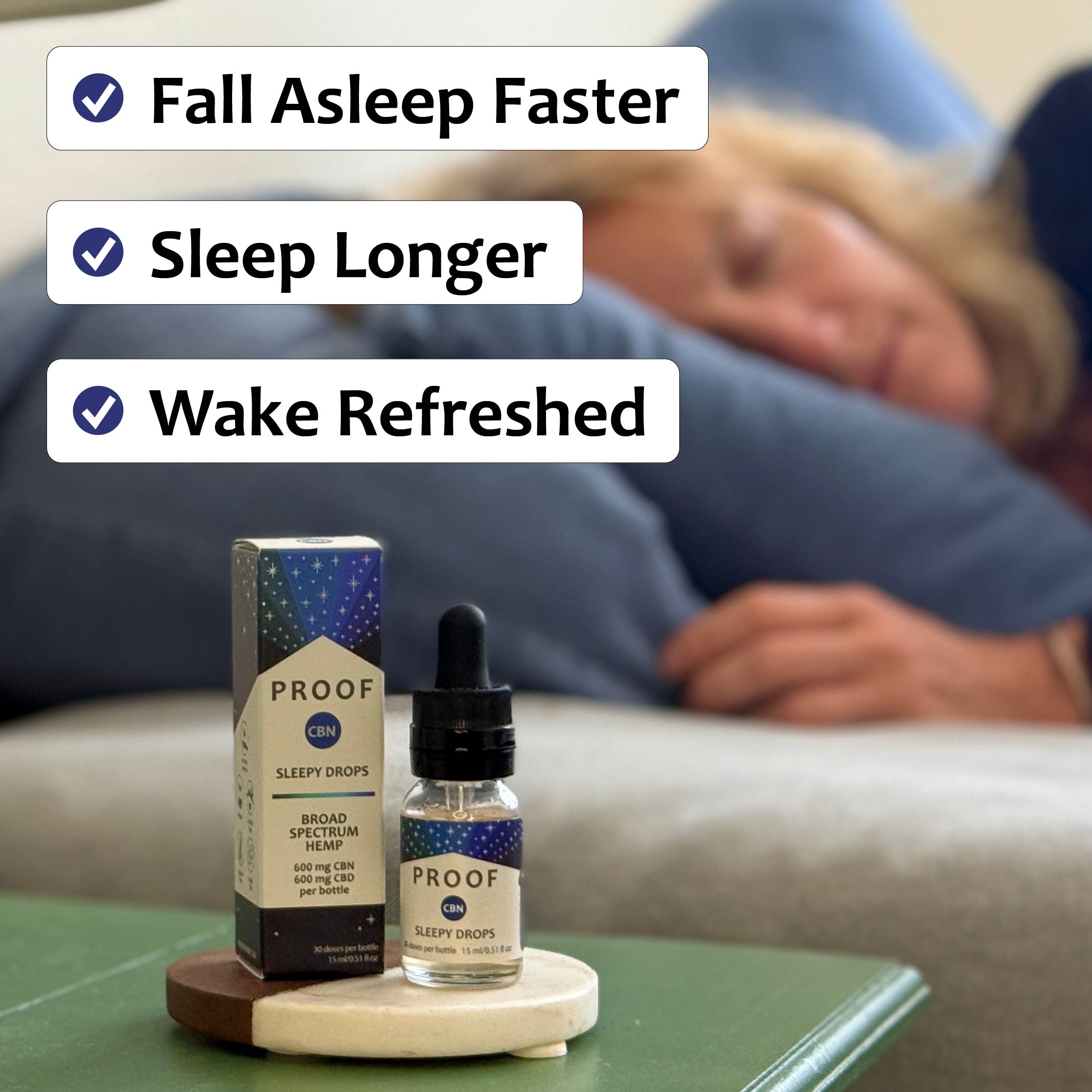 CBN Sleepy Drops bottle and packaging with 600 mg CBN and 600 mg CBD broad spectrum hemp.