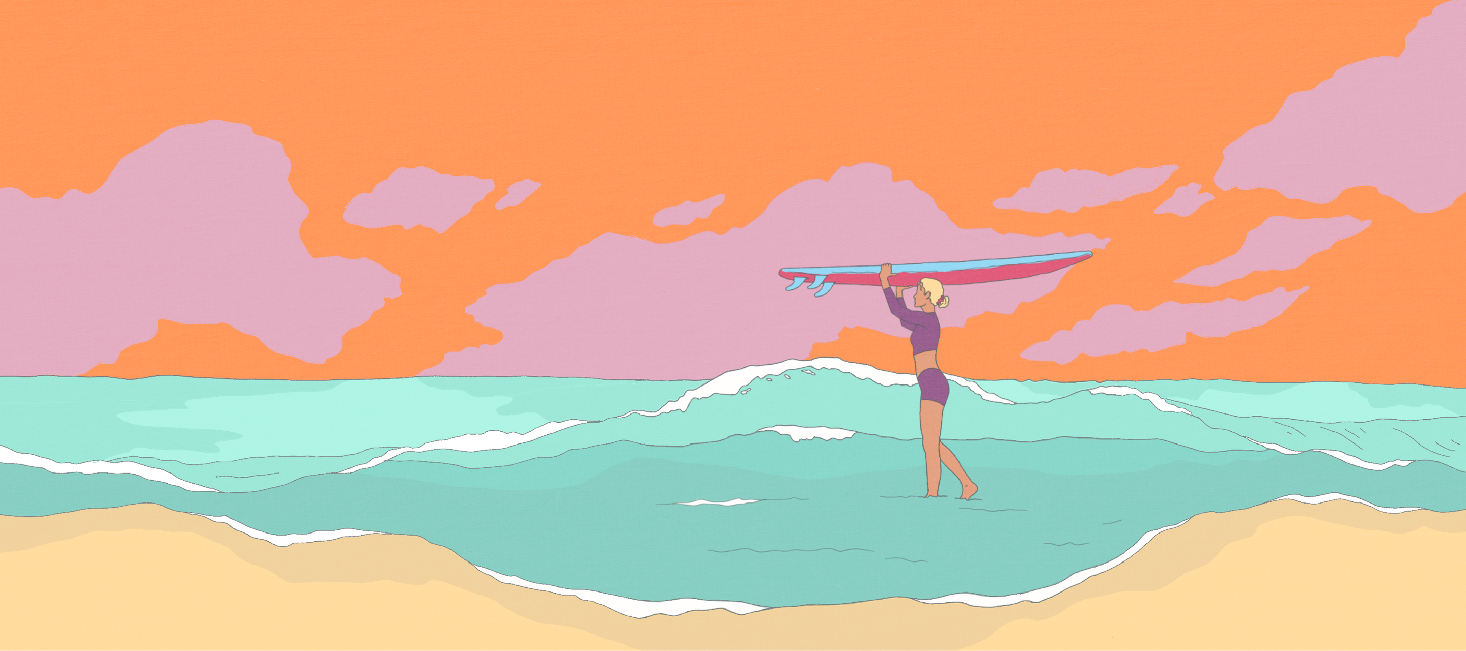 Proof illustration of a woman heading out to surf with a colorful sky