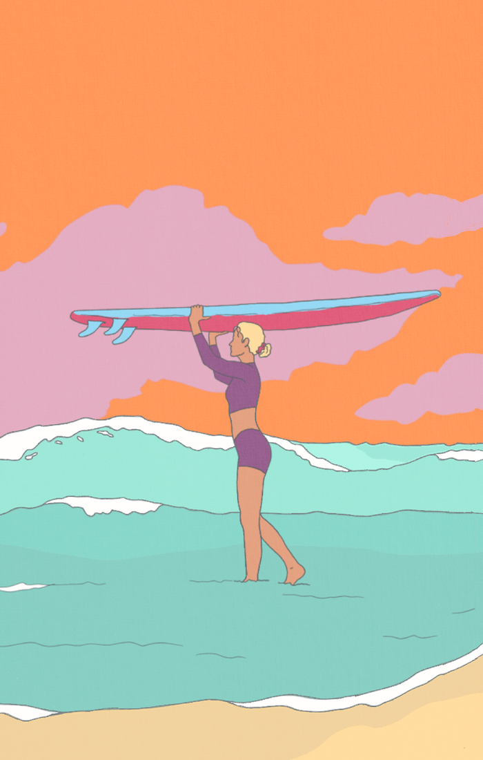 Proof illustration of a woman surfing with a colorful sky