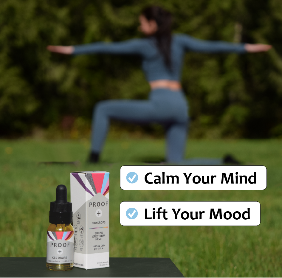 CBD product with text 'Calm Your Mind' and 'Lift Your Mood' in front of a blurred background of a person exercising outdoors.